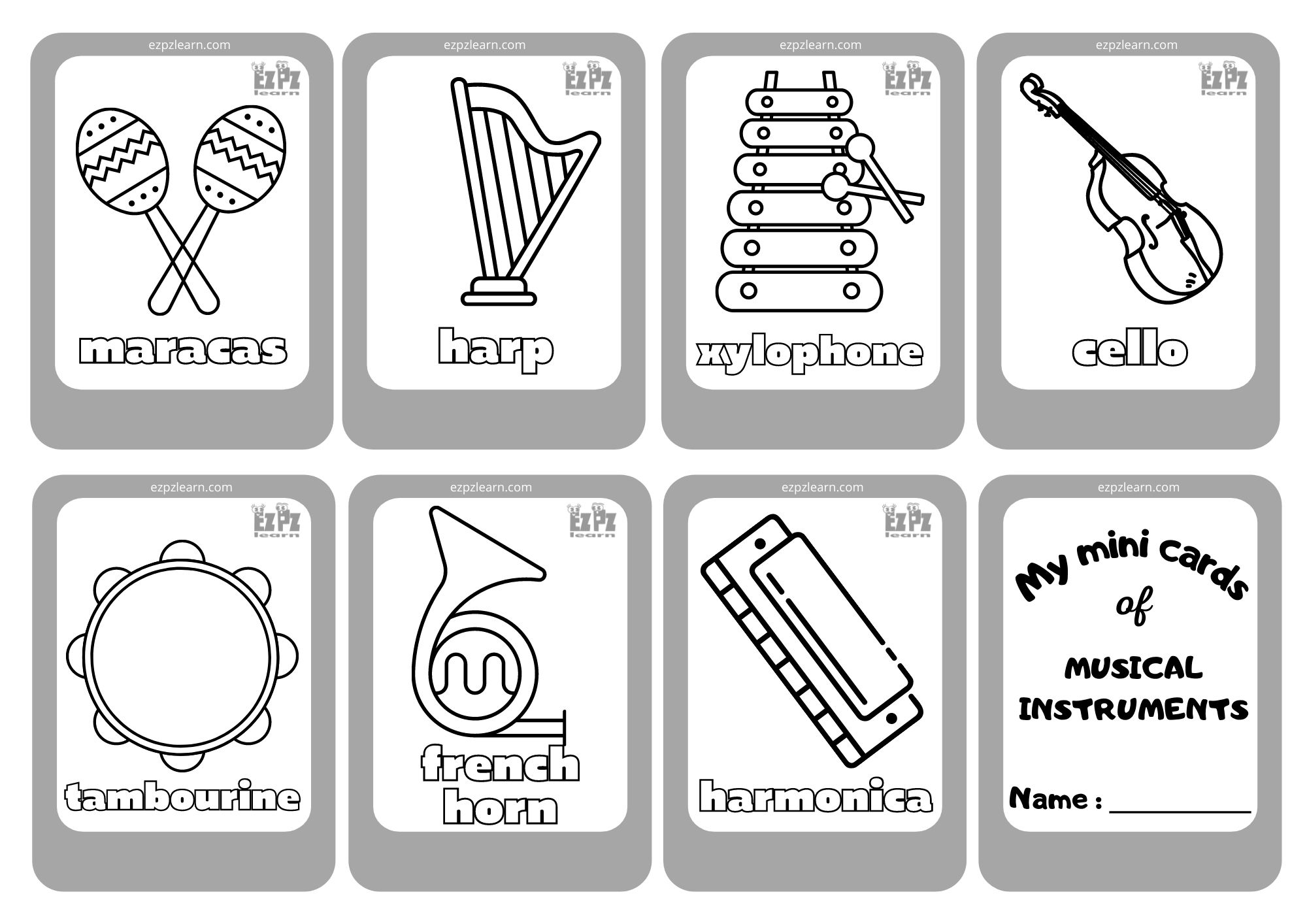 Musical Instruments 2 Mini Cards Coloring